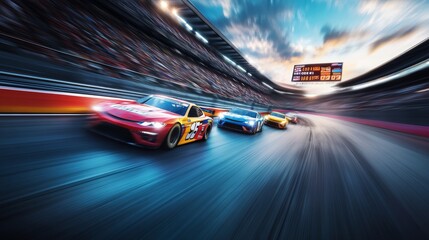 Wall Mural - Multiple cars race side by side on a vibrant oval track, showcasing vivid paint jobs as they speed towards the finish line with grandstands blurred behind