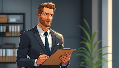 Wall Mural - Thoughtful cartoon businessman analyzing document in professional office environment