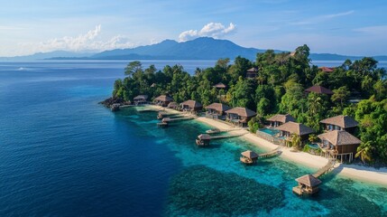 Poster - This tranquil island resort features luxurious overwater bungalows nestled amidst vibrant greenery and soft white sand beaches, all framed by sparkling blue waters and distant mountains