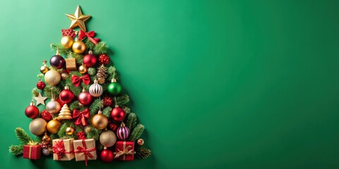 Christmas tree made of decorations and gifts on green background, festive composition, Christmas, composition