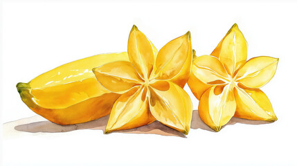 Brightly colored starfruit with a fresh appearance, showcasing its unique star shape and vibrant yellow hue against a white backdrop.