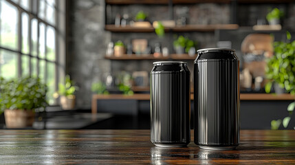 Wall Mural - Two black aluminum cans on a wooden table in a modern kitchen.