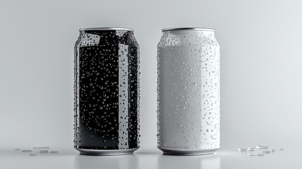 Wall Mural - Two aluminum cans, one black and one white, covered in condensation.