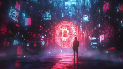 Wall Mural - silhouette in cyberpunk city with giant glowing bitcoin symbol