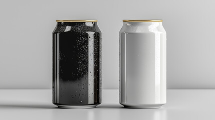 Wall Mural - Two aluminum cans, one black and one white, with gold tops.