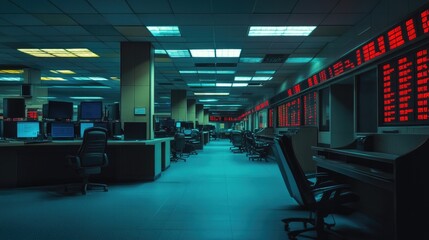 Wall Mural - A busy trading floor filled with traders at computer stations. Red screens display financial data and stock trends, creating an intense and high-tech atmosphere.