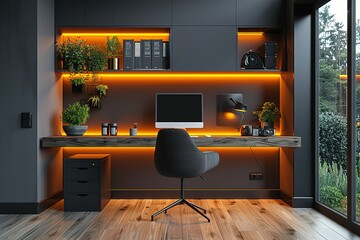 Poster - A modern office with a black desk and chair, a computer monitor, and a keyboard