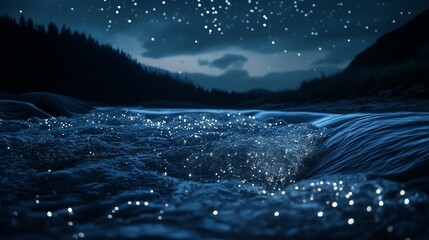 Starry night reflected in a rushing river.