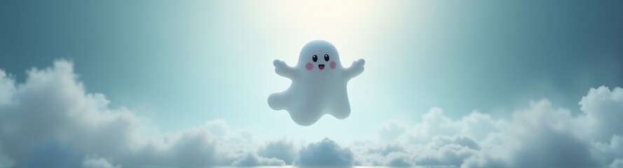 Cute white ghost. Kawaii magic spirit with fluffy clouds on light grey background. Spooky Halloween night party. Happy Halloween! Scary cartoon character. Minimal design for banner, copy space.