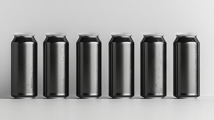 Six black aluminum cans in a row on a white background.