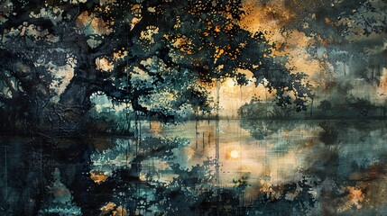 Poster - Sunset Over a Tranquil Lake: A Landscape Painting