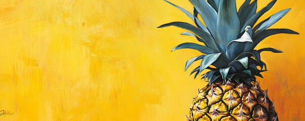 Wall Mural - Pineapple against vibrant yellow background, modern art concept