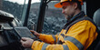 © T-elle - Mining Operations Manager. A mining engineer in safety gear uses a tablet to manage coal loading operations at an open-pit mine with a large dump truck in the background.