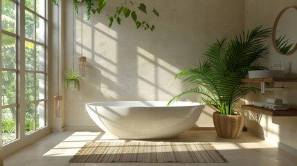 a serene bathroom with freestanding bathtub, large windows, and lush green plants, bathed in natural