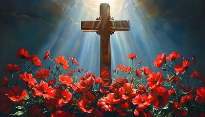 Illuminated cross in a serene worship space adorned with red flowers, embodying faith and spirituality