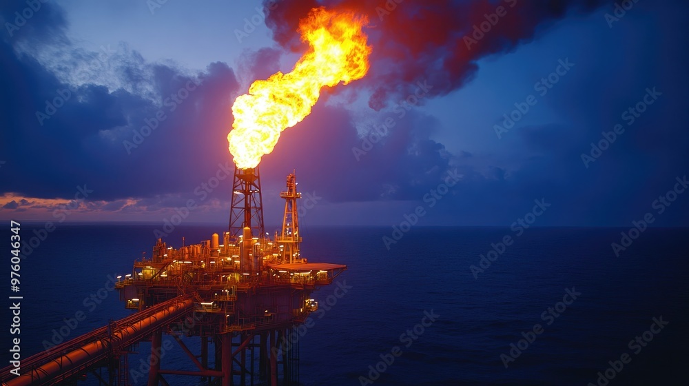 Buring Oil Rig A striking image of an offshore oil rig with a large flare burning ...