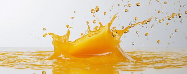 Mango Juice Splash. A vibrant and refreshing splash of golden mango juice against a white background, surrounded by sparkling droplets.