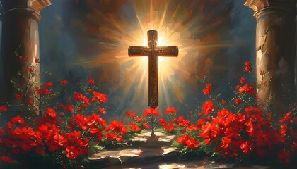 Illuminated cross in a serene worship space adorned with red flowers, embodying faith and spirituality