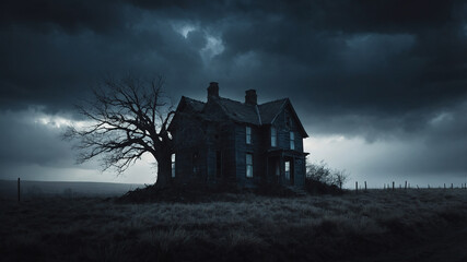 spooky abandoned house at night with eerie lighting and a gnarled tree under a stormy sky, haunting.