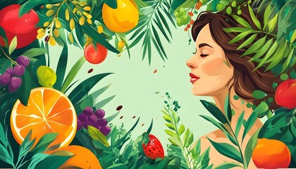 Embracing Nature: A Colorful Celebration of Fruits and Greens with a Woman Connecting to Healthy Living