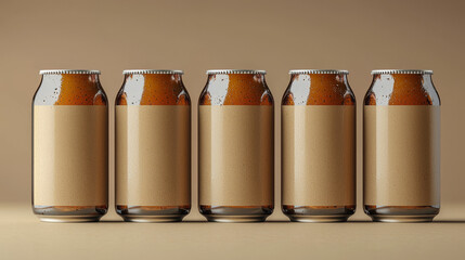 Wall Mural - Five brown cans with blank labels in a row.