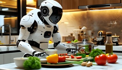 Futuristic robot innovatively preparing healthy ingredients in a sleek modern kitchen, merging technology with culinary artistry