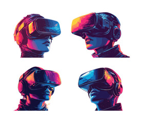 Poster - Vr technology head set cartoon vector concepts. Woman virtual reality gear augmented goggles heads avatars, cyberspace metaverse universe splashes lines grunge elements isolated illustrations