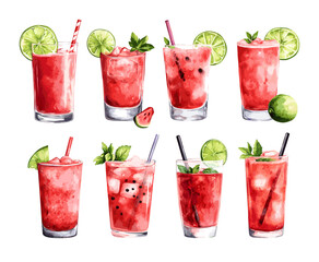 Poster - Watermelon cocktails watercolor vector set. Glass tubes ice cubes lime slices fresh cold juice summer drinks cool tonics beverages illustrations isolated on white background