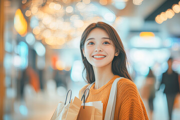 A woman is smiling and holding shopping bags in a mall