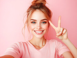 Wall Mural - A woman with a pink shirt and a ponytail is smiling