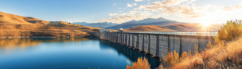 Poster - A beautiful landscape with a large body of water and a bridge in the background