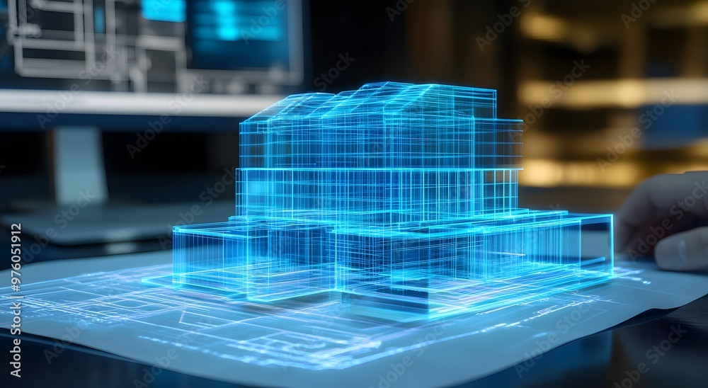 A holographic representation of an architectural design, showcasing the ...
