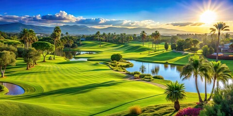 A sunny day at a luxurious golf resort with lush green fairways and stunning views