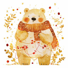 Poster - A bear is wearing a scarf and standing in a field of flowers