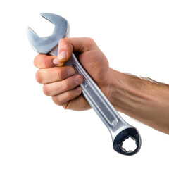 A person grips a shiny metal wrench firmly while preparing for a repair task, showcasing strength and focus for mechanical work