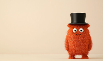 Wall Mural - Furry monster in top hat stands cheerfully against soft background, exuding playful and whimsical charm. This adorable character is perfect for various creative projects