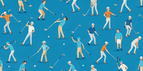 A seamless blue pattern featuring s of golf players in various poses