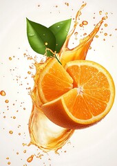 Wall Mural - A halved orange with juice splashing and green leaves on a white background.