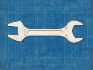 Wrench blueprint with cross-sections, industrial tool diagram, sharp line art, black and white