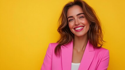 Wall Mural - Smiling woman in a pink jacket against a yellow background.