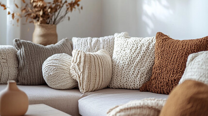 A cozy living room with a comfortable sofa against a simple wall, adorned with stylish pillows, Grey linen sofa bed isolated on white Upholstered loveseat with armrests seat cushion.