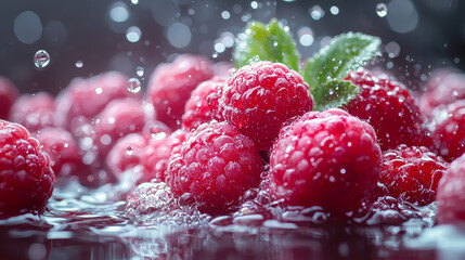 Fresh raspberries glistening with water droplets.