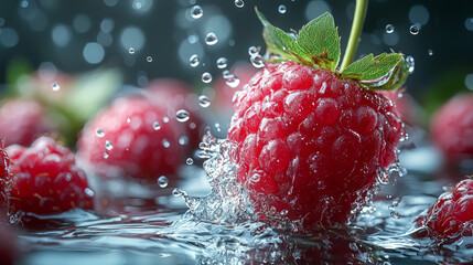 A single raspberry splashes into a pool of water.