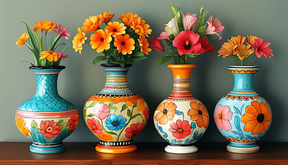 Hand-drawn vintage style flower vase with rich colors and strong decorative value