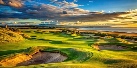 Stunning view of historic links golf course with pot bunkers and rolling fairways in St Andrews, Scotland