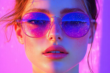 Wall Mural - Close up portrait of a woman wearing pink glitter sunglasses.