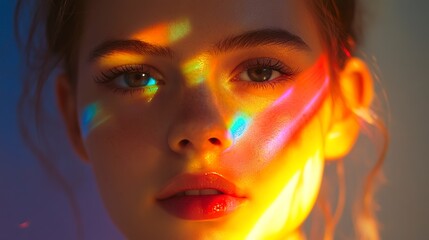 Poster - Portrait of young woman with rainbow light reflections on her face 