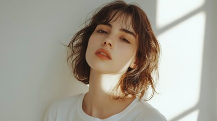 Canvas Print - A woman with brown hair wears a white t-shirt and poses against a white wall in a studio setting. Natural light streams in through a window 