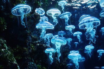 Wall Mural - Glowing jellyfish swarm swimming in dark underwater ocean