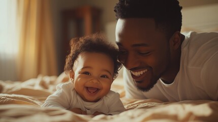 Happy loving young African American dad holding adorable smiling kid